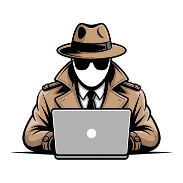 Anonymous hacker in trench coat and fedora using laptop isolated on white background