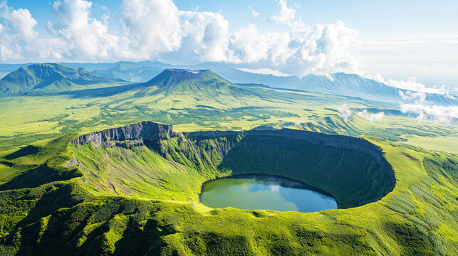 A tranquil shot of the Mount Aso volcano with its caldera and surrounding green landscape. - Powered by Adobe