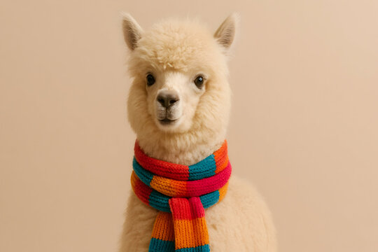 Playful alpaca portrait with colorful scarf studio background animal photography soft lighting whimsical concept