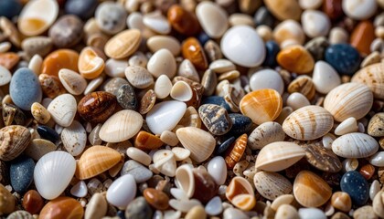 Closeup of colorful seashells and pebbles on beach sand.
