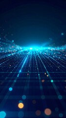 Abstract digital landscape with glowing lines and particles converging towards a bright center