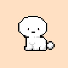 Fototapeta premium White pixel art dog poodle sitting calmly. This cute 8-bit digital illustration is perfect for pet-themed designs, retro games, stickers, icons, game asset, wallpaper, template card and background.