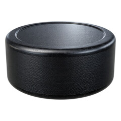 Black hockey puck isolated on transparent background, Realistic black rubber puck closeup, Sport equipment, Ice hockey puck.