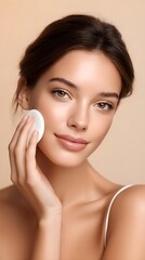 Beauty close up portrait of young woman with applying, morning, cosmetic