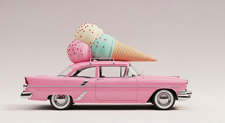 A pink vintage car with a giant ice cream cone on the roof isolated on white background