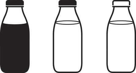 Bottle illustrations, filled, partially filled, empty, liquid level variations, black and white vector, packaging design, product icon, minimalist style, educational graphic.