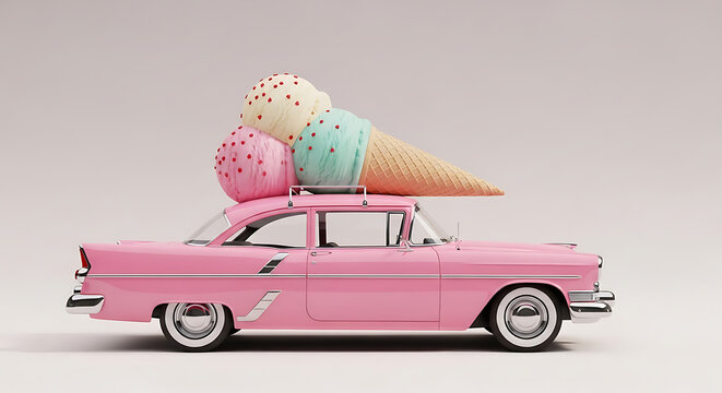Fototapeta A pink vintage car with a giant ice cream cone on the roof isolated on white background