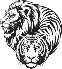 Fototapeta premium Black and white vector illustration of a lion and tiger, symbolizing unity, strength, and wild beauty