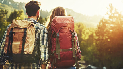 Obraz premium A couple hiking with backpacks, setting out for a camping trip in the wilderness.