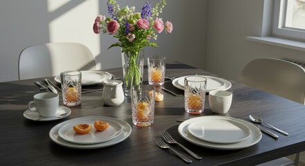 Elegant dining table setting with colorful flowers