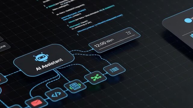 Intricate digital flow chart depicting connected processing nodes Artificial intelligence powers the information system Sleek design communicates complex data management Futuristic technology concept