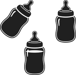 Baby bottle illustrations, black and white vector, tilted and upright positions, infant feeding accessory, minimalist design, baby care icon, nursery essentials, parenting concept.
