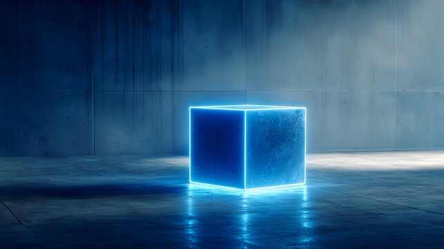 Neon blue cube in a modern concrete space.