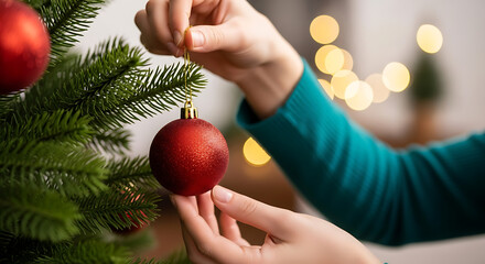 Person decorating a christmas tree with a red bauble for the holidays