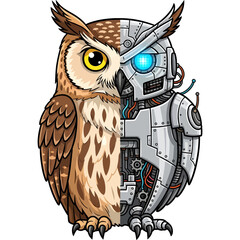 Futuristic bionic owl, half organic animal and half advanced robot, symbolizing the fusion of nature and technology.
