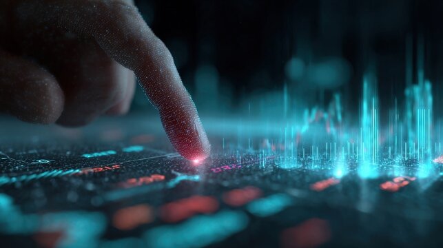Finger Touching Futuristic Data Visualization Digital Technology Concept.