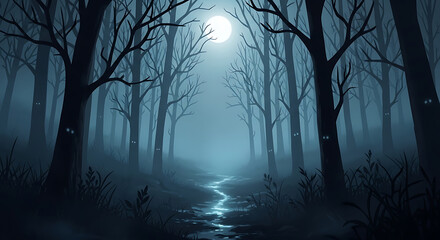 Obraz premium A spooky forest path at night with a full moon shining through the trees