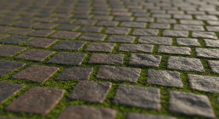 Fototapeta premium Stone Pavement with Green Moss Close-up Perspective View.
