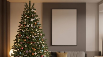 Festively decorated christmas tree in a modern living room setting