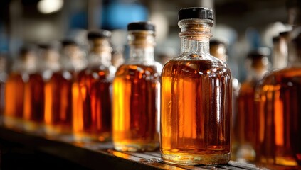 Amber bottles of liquid on a production line