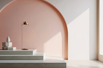 A minimalist podium with a pink arch, perfect for a modern product showcase