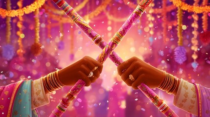 Close-up of women playing Garba with decorated sticks during Navratri festival, vibrant Indian traditional dance celebration with colorful attire, jewelry, and festive lights