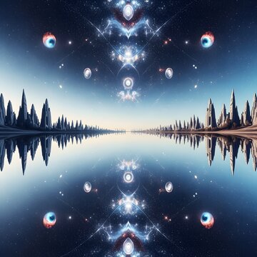 Symmetrical, otherworldly landscape reflecting in a calm water, with futuristic buildings and celestial elements.