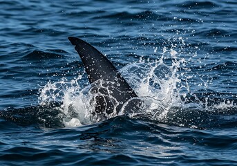 Fototapeta premium Shark fin breaking ocean surface in the wild