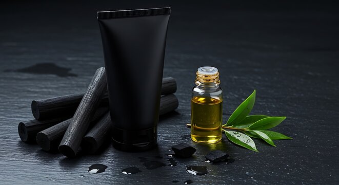 Black charcoal toothpaste tube and oil bottle on a dark stone surface, with charcoal sticks.