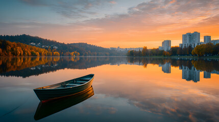 Serene autumn sunset over a cityscape reflected in calm lake water with a small rowboat.