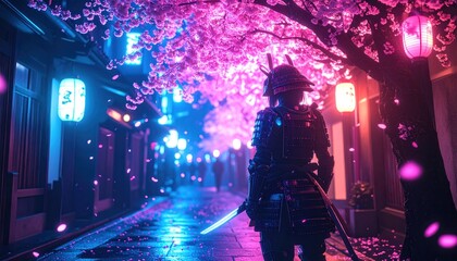 Samurai Warrior in Cherry Blossoms with Japan, Night, and Glowing Lights.