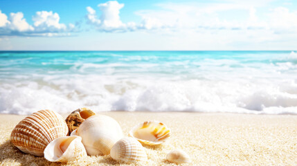 A beach with soft, smooth sand and a few scattered seashells in the foreground.