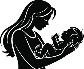 Silhouette of person holding sleeping baby, black and white parenting moment, peaceful infant in arms, long hair figure, nurturing love, emotional bond, minimalist art.