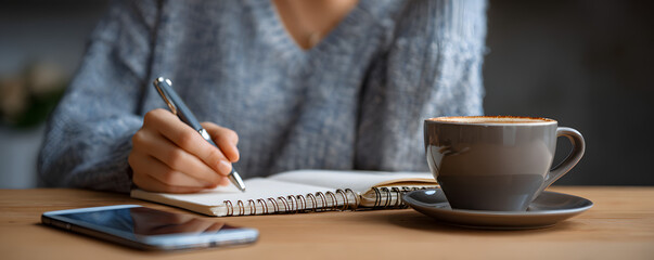 Fototapeta premium Woman taking notes in notebook with coffee and smartphone on modern desk