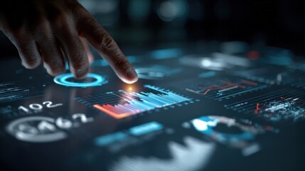 Hand Touching Futuristic Data Interface with Glowing Elements.