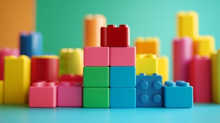 Obraz premium 56.Toy Block Podium, Brightly Colored Plastic Bricks Assembled into a Playful Stand, Whimsical and Fun, Childlike Creativity