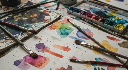 Obraz premium Colorful watercolor paint supplies on paper