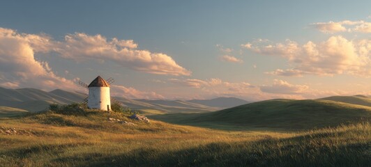 Solitary Windmill on Grassy Hill in Warm Morning Light &ndash; Hyper realistic Minimalist Landscape with Soft Blue Sky and Volumetric Lighting