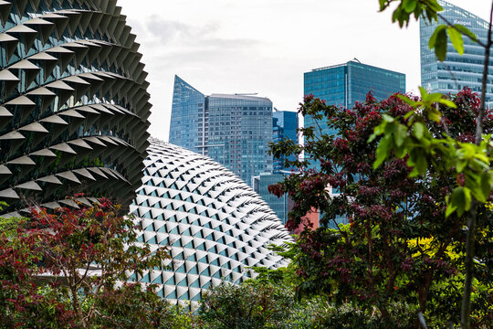 Futuristic building facade and Singapore downtown