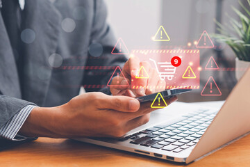 Safety Concepts for Online Shopping, Security alert from scammers. Alert of secure online shopping concept, Warning and danger sign, scam and thief in cybersecurity.