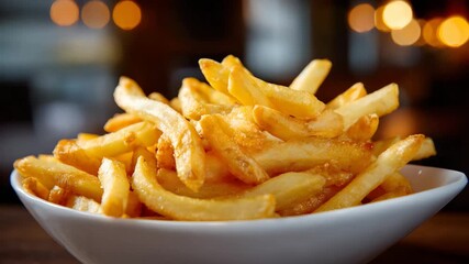 A plate of crispy French fries video crispy potato fries video delicious potato fry video unhealthy fast junk food video fast food presentation video fast food videography