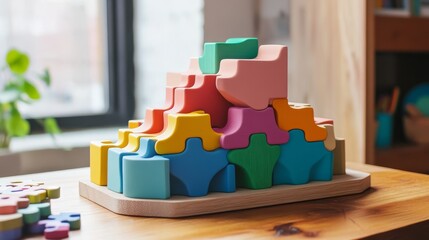 98.Toy Puzzle Podium, Interlocking Pieces Forming a Playful Stand, Bright and Engaging, Creativity-Inspired Display