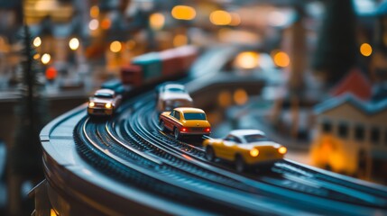 63.Toy Train Track Podium, Miniature Railway with Tiny Cars, Nostalgic and Playful, Imaginative Display