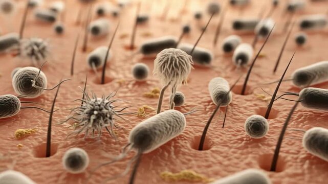 Human Skin Microbiome: Bacteria, Viruses and Microbes on Skin Surface - 3D Animation