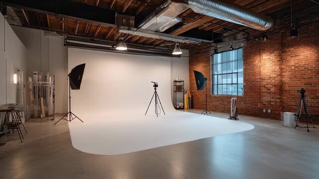 Spacious creative studio with exposed brick curved white cyclorama for seamless shots softbox flash being positioned DSLR on tripod and vibrant backdrop rolls arranged tidily.