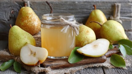 Fresh Pears and Pear Juice with Rustic Wooden Background