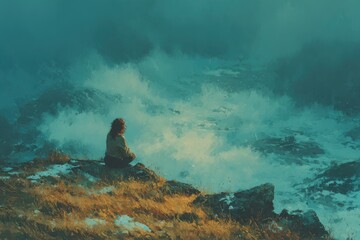A solitary figure sits on a cliff overlooking a stormy sea