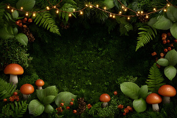Enchanted Forest Frame: Lush green moss and vibrant leaves surround a mystical scene, accented by delightful mushrooms, creating an inviting frame for any seasonal display.