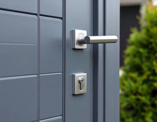 Modern gray door with metal hardware