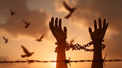 Hands breaking free from rusty chains against sunrise sky with flying birds, powerful concept of freedom, liberation, and breaking oppression, symbolic victory over struggle and injustice